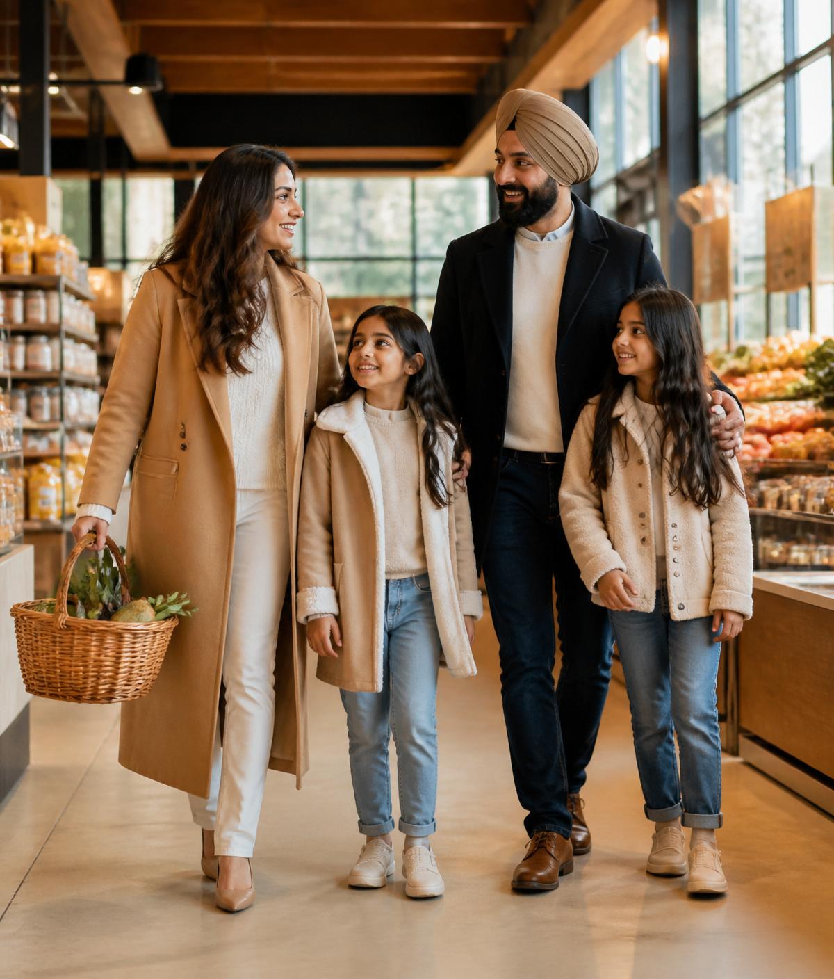 A South Asian family shopping in a modern grocery store