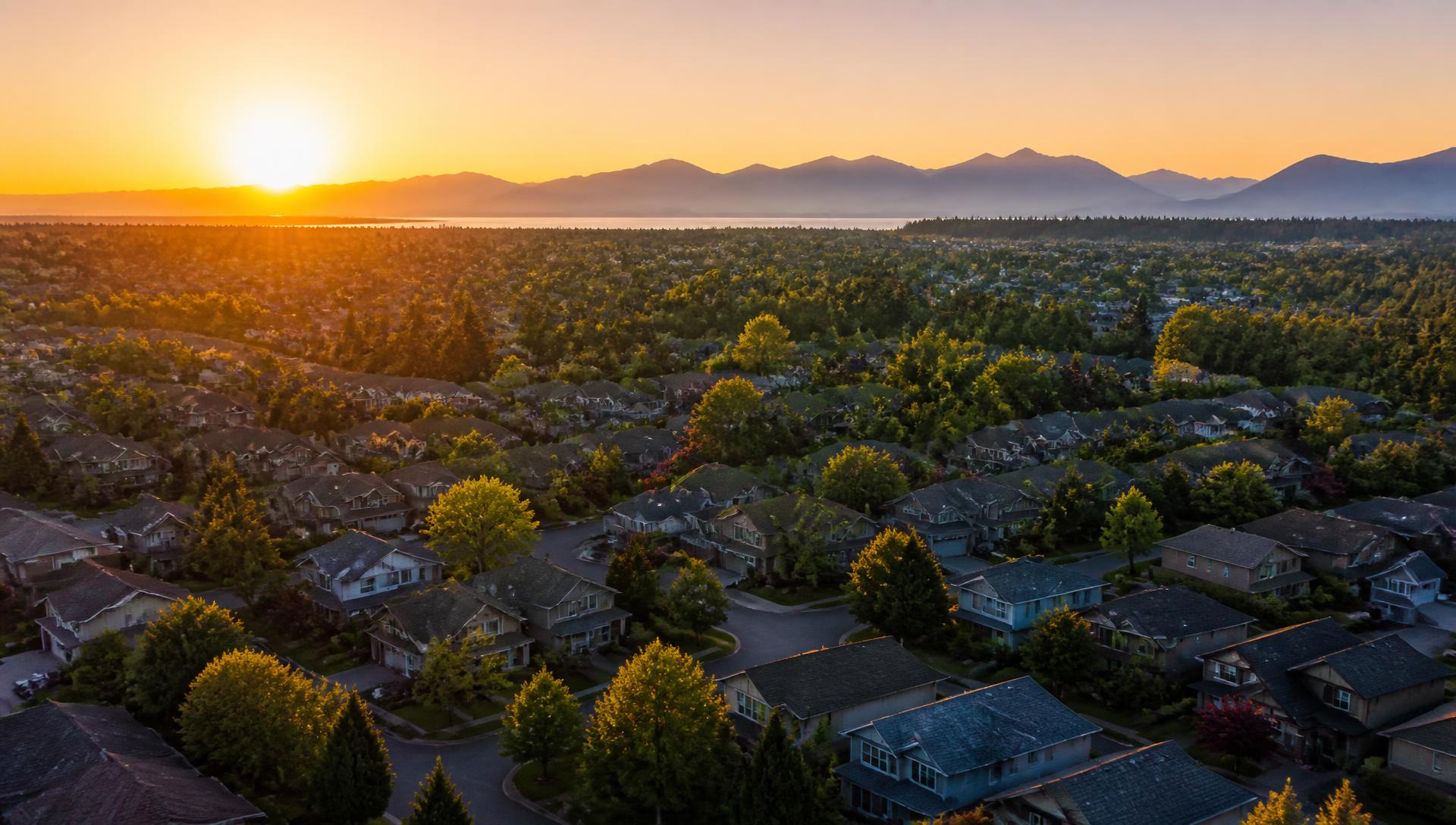 Aerial view of a Surrey neighborhood at sunset